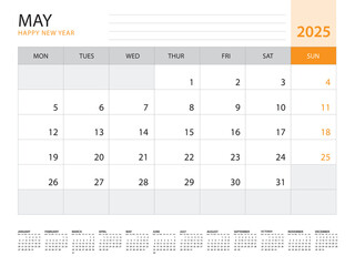 Calendar 2025 template vector on orange background, May 2025, week start on monday, Desk calendar 2025 year, Wall calendar design, corporate planner template, Stationery, organizer diary, vector