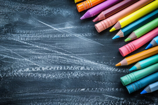 back to school crayons and pencils on chalkboard