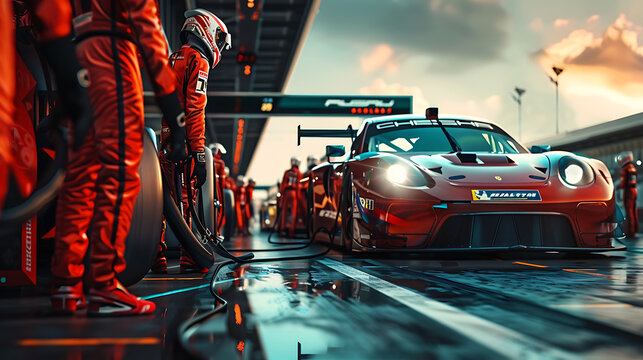 Professional pit crew ready for action as their team's race car arrives in the pit lane during a pitsstop of a car race. Generative Ai