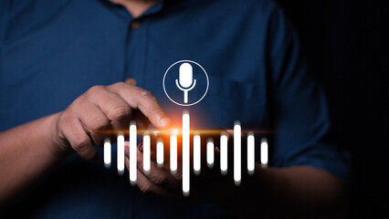 Voice recording concept. Mobile application, Record sound and voice message. Person using smartphone with voice recording app. Use AI Enabled Internet