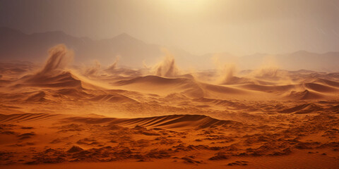 Fototapeta na wymiar Sandstorm in desert. wind and orange sand clouds. Dunes landscape. Generative AI