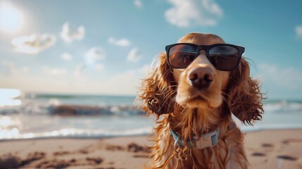 dog in sunglasses on the beach near the ocean - obrazy, fototapety, plakaty