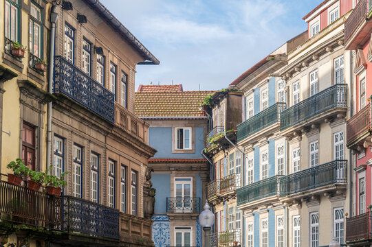 A view of the spectacular and colouful city buildings in the Portugese city of Porto