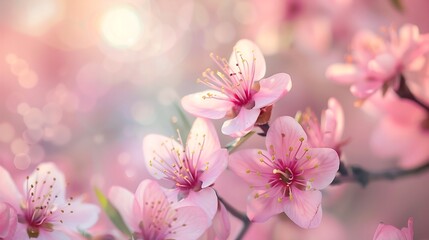Close-up of delicate pink peach tree flowers in full bloom, springtime beauty