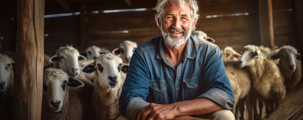 Fotobehang Shepherd with flock of sheep in barn © amazingfotommm