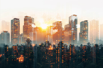 Abstract city concept,  double exposure background. Architectural forms