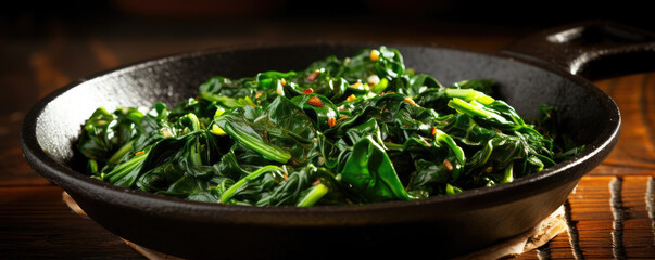 Green fresh spinach in a cast iron skillet