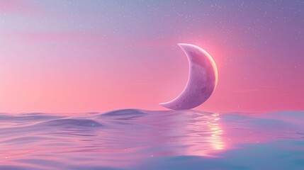 Obraz na płótnie Canvas Crescent Moon Reflecting on Calm Pink Waters Under Starry Sky 