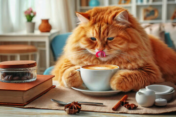 A big red cat sits by the coffee cup and licks himself. - obrazy, fototapety, plakaty