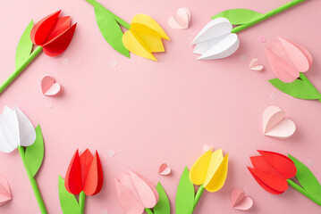 Mother's Day sentiment with DIY charm. Overhead shot of paper crafted tulips, and love hearts with soft confetti on a blush pink backdrop, leaving space for messages or promotions