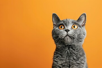 funny british shorthair cat portrait looking shocked or surprised on orange background with copy space - generative ai - obrazy, fototapety, plakaty