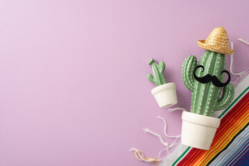 Cinco de Mayo scene. View from top capturing festive essentials: cactus with mustaches in sombrero...