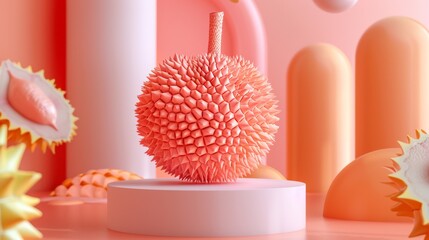 Surreal Display with Pastel Durian and Organic Shapes on Pink Background