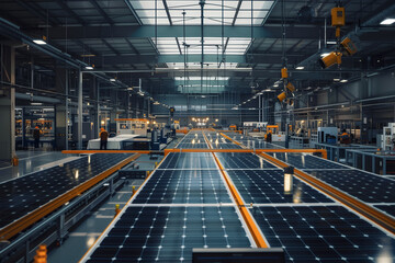 Production line of the solar cell factory. Modern automated production line. - obrazy, fototapety, plakaty