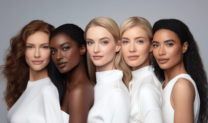 Fototapeta premium Group portrait of beautiful ladies with different skin and hair color. Woman's day.