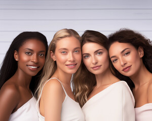 Fototapeta premium Group portrait of beautiful ladies with different skin and hair color. Woman's day.