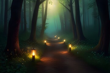 Enchanting forest path with glowing lanterns and fireflies. Magical nature scene. Generative AI