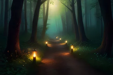 Fotobehang Enchanting forest path with glowing lanterns and fireflies. Magical nature scene. Generative AI © Ghulam