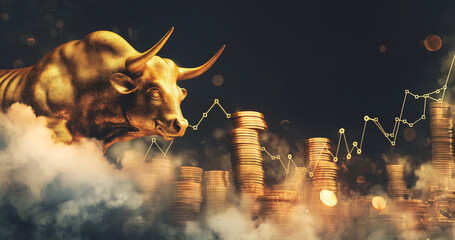 Bitcoin bull market concept with golden bull in clouds and bitcoin coins illustration - 772200134
