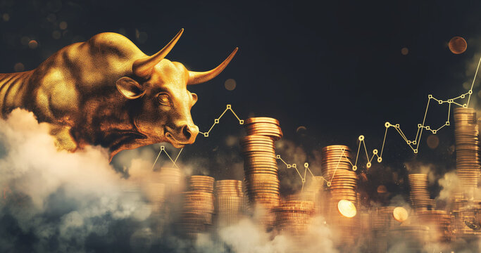 Bitcoin bull market concept with golden bull in clouds and bitcoin coins illustration