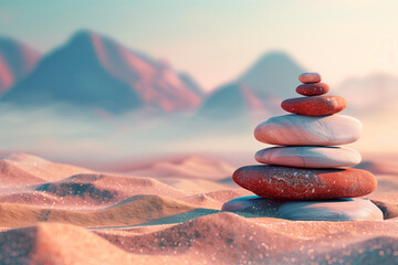 Photo of balanced Zen stones on nature mountains.