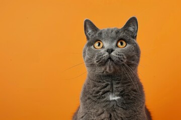 funny british shorthair cat portrait looking shocked or surprised on orange background with copy space - generative ai
