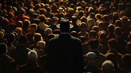 Solitary Man in Fedora Standing in Crowd - obrazy, fototapety, plakaty