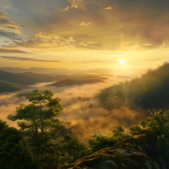 Sunrise View from a Mountaintop: A Journey Through the Wilderness Mist