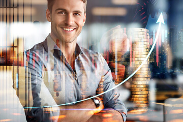 Double exposure of Businessman man and Stack of Coins with growing income profit graph. Investor and coin step, investment, saving, banking concept	