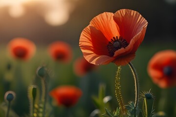 Beautiful nature background with red poppy flower poppy in the sunset in the field. Remembrance day, Veterans day, lest we forget concept. Generative AI