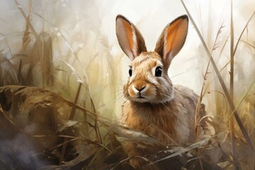 Expressive Side view portrait of wild rabbit. Brown cute hare in nature grass. Generate ai