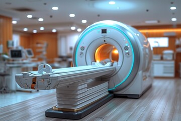An MRI machine in a radiology department, ready to scan a patient for neurological diseases - obrazy, fototapety, plakaty
