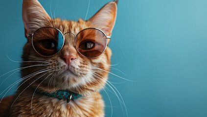 A cute ginger cat wearing sunglasses against a blue background, professional photography. Created with Ai