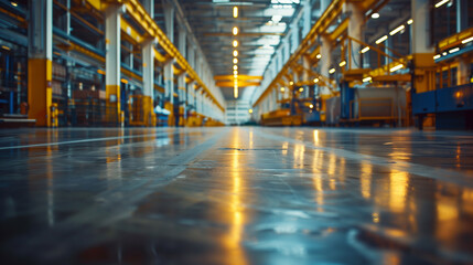 Factory floor with yellow lights, reflection, inside of, industry, modern - obrazy, fototapety, plakaty