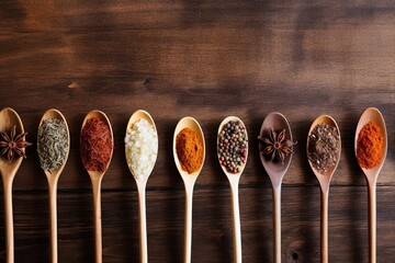 Spices on wooden spoons are displayed in a row on a dark wooden background. Top view - 772203373