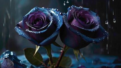 deep purplish and bluish single frame rose with water  drops lying on  the sepals 
pink rose flower...