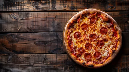 Fotobehang Pizza on wooden table, mozzarella, lunch, slice, rustic © antkevyv