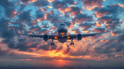 Plane flying over city at sunset, aerospace industry, business travel, cloud, sky