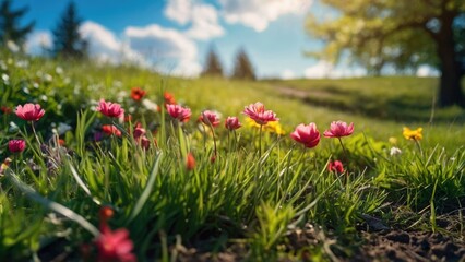 Colorful flower and grass landscape background, Beautifully blurred background image of spring nature with a neatly trimmed lawn surrounded by trees against a blue sky with clouds on a sunlight