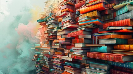 Illustration of stack of book with smoke. - obrazy, fototapety, plakaty