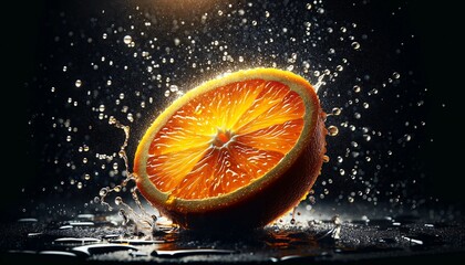 A close-up image of an orange slice with water droplets splashing around it, highlighted against a dark background