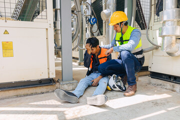 Engineer accident at work site. worker head ache injury faint from hot weather heat stroke. drunk worker man.