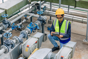 engineer male work checking water pipe inspecting valve testing water pump.