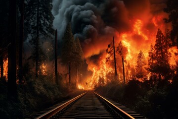Alarming Railway fire forest natural. Scenic death. Generate Ai - obrazy, fototapety, plakaty
