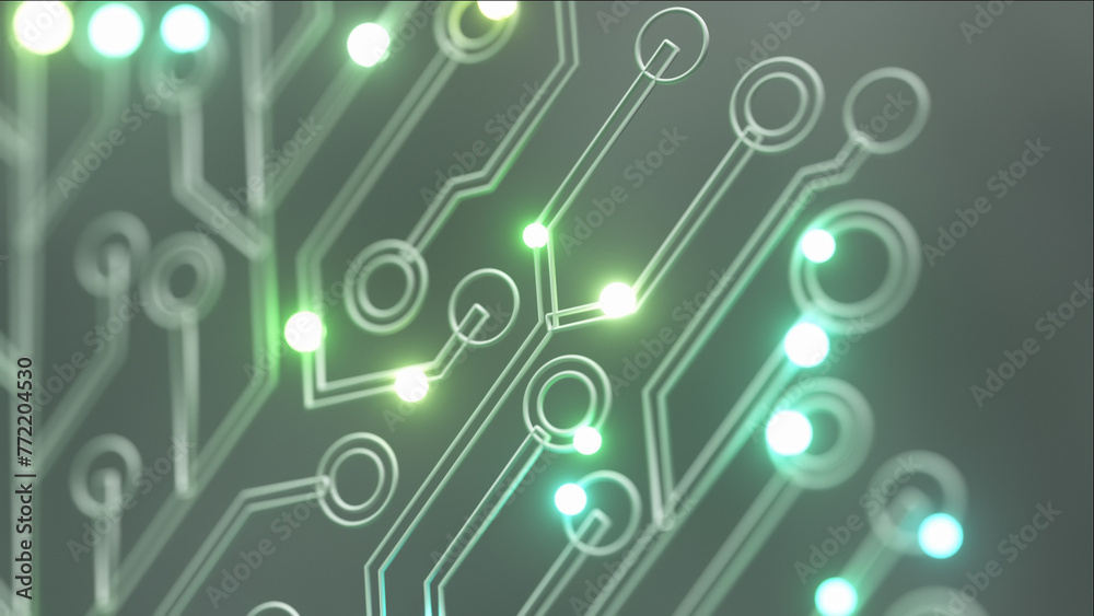 Poster a detailed view of a circuit board tree with soft green nodes, highlighting the elegance of technolo