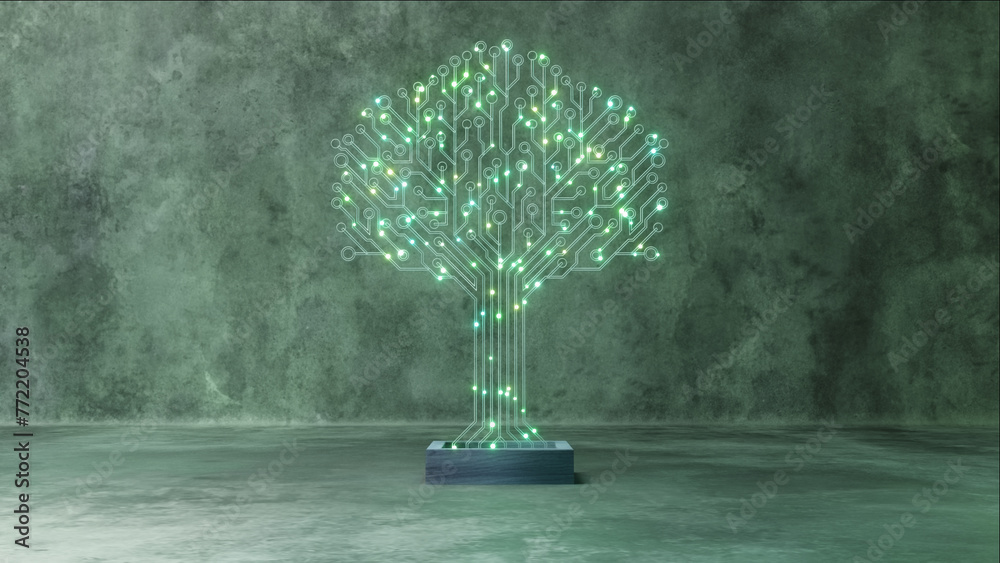 Wall mural a serene 3d animation of a circuit tree with a soft green glow offers a refreshing take on the fusio