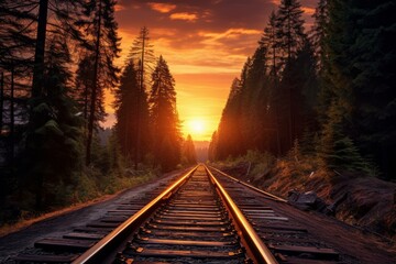 Vintage Railroad forest train sunlight. Industry travel. Generate Ai