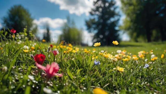 Colorful flower and grass landscape background, Beautifully blurred background image of spring nature with a neatly trimmed lawn surrounded by trees against a blue sky with clouds on a sunlight