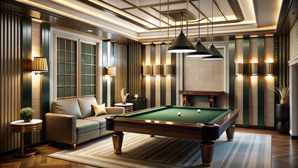 Art Deco style games room with billiard table and lavish design
