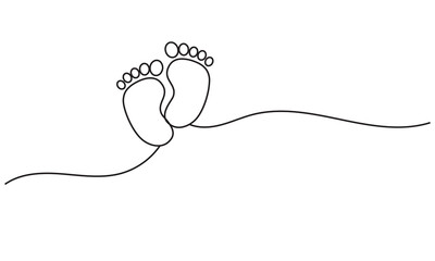 Tiny foots. Baby footprint. One single line drawing of feets isolated on white background. Beautiful hand draw design vector illustration for posters, wall art, tote bag, mobile case, t-shirt, Logo. 